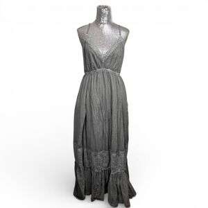 Boho Cottagecore Slate Gray Maxi Dress Large Lace Tiered Festival Picnic Party